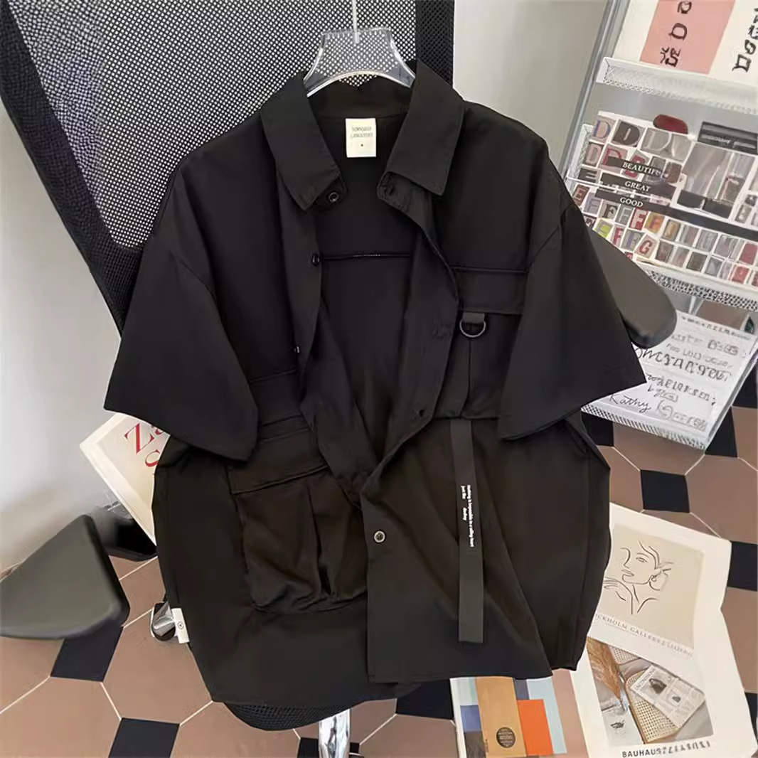 Trendy American Style Functional Workwear Short Sleeve Shirt For Designer Short Sleeves Men Summer BF Loose Casual Turn-down Collar Half Sleeve Fashio