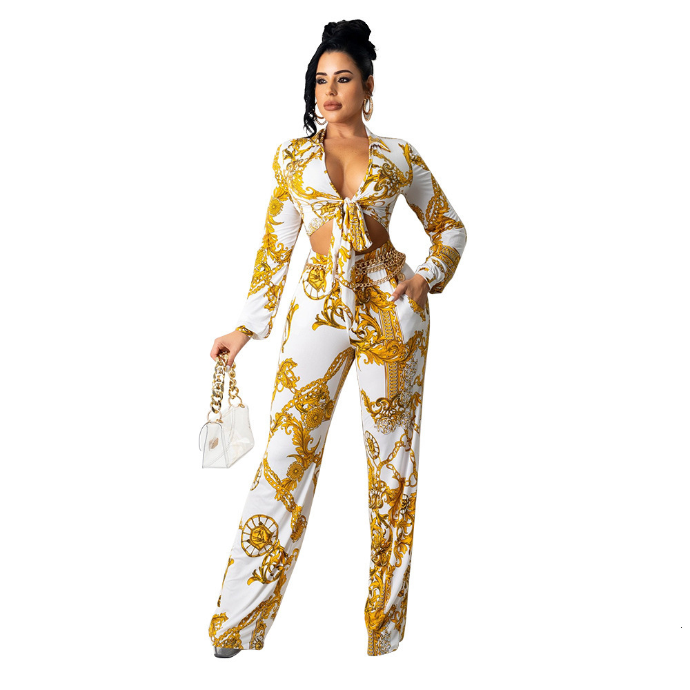Echoine Women Autumn Print Condole Belt Crop Top Pencil pants 2 Pieces Set Nghtclub Party Sexy Slim Temperament Elegant Outfits 240809