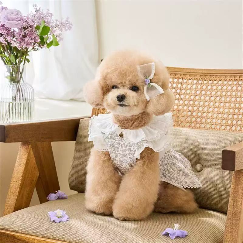 T642 2025 New Spring and Summer Pet Clothes French Floral Dress Cute Small Dog Skirt Princess Bichon Frise Dog