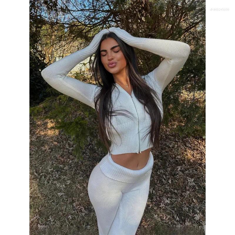 Women's Tracksuits Taruxy Women Spring Outfits Casual Zipper Sweater Hoodie Set High Waist Flare Pants Suits Pink Knitted Womens Y2k