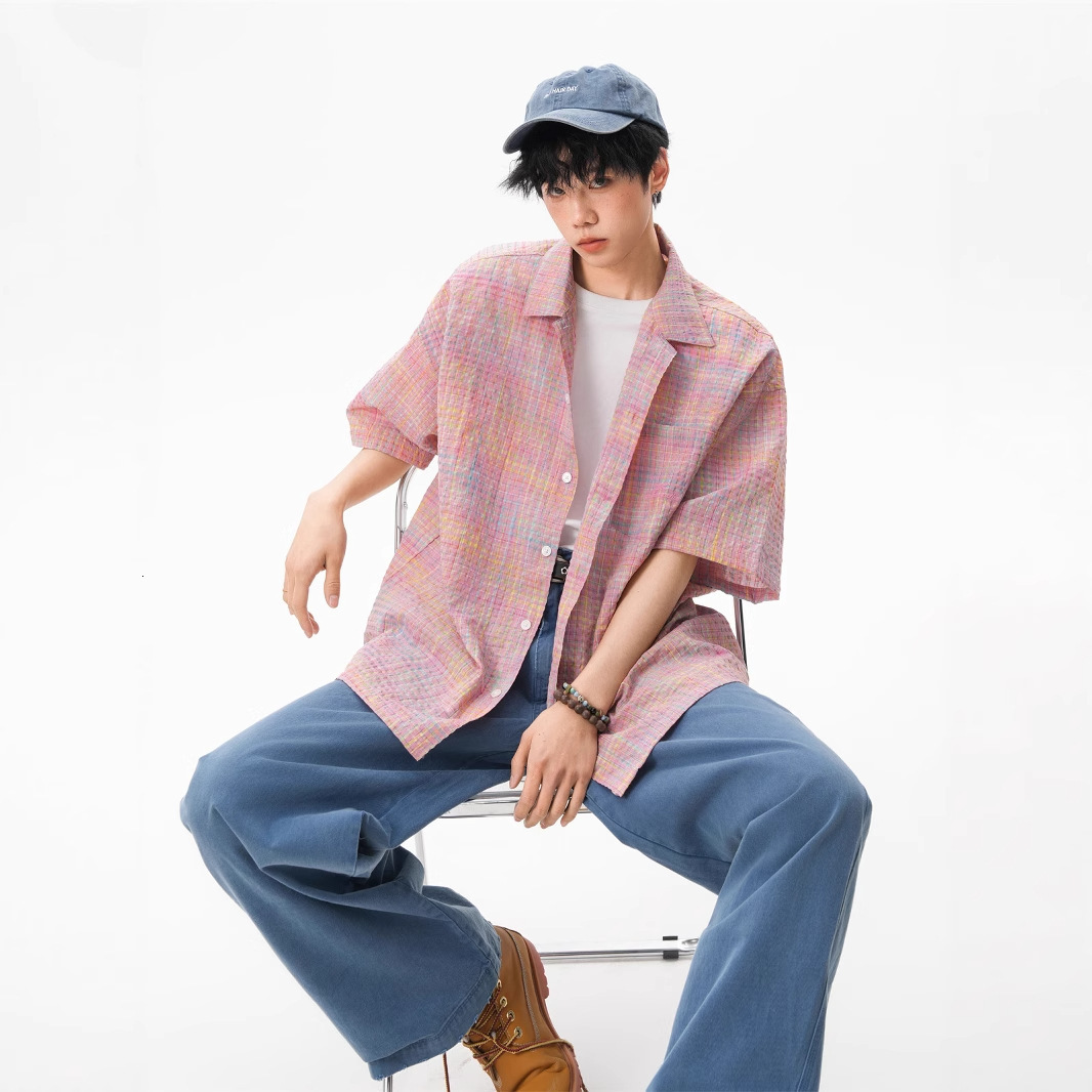 American Style Plaid Bubble Designer Short Sleeves Gauze Short Sleeve T-shirt For Men And Women, Summer Thin Design Sense Half Sleeve Loose Quick-dry 