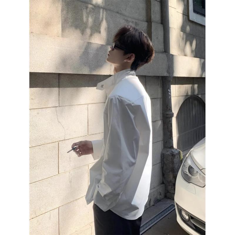 Unique Design Shoulder Pad Shirt For Men, High-end Style, Cool And Handsome, Loose Fit, Stand Designer Short Sleeves Collar, Oversized Casual Long Sle