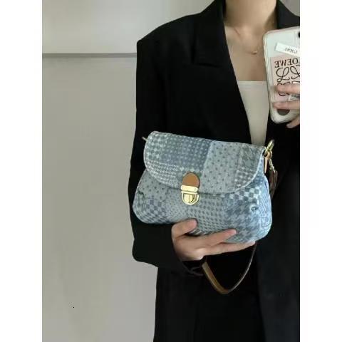 Designer Jeans Vintage Houndstooth Pattern Women 's Shoulder Flap Zipper Denim Handbag Underarm Bag Shopper Tote H6.21#38.4 ddmythur