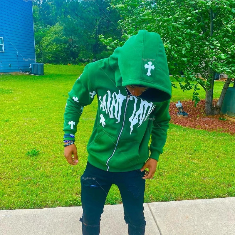 Retro Gothic Print Zipper Hoodie Cardigan Men Street Hip Hop Fashion Trend Sweatshirt Couple Thickened Loose Hoodie Top 250707