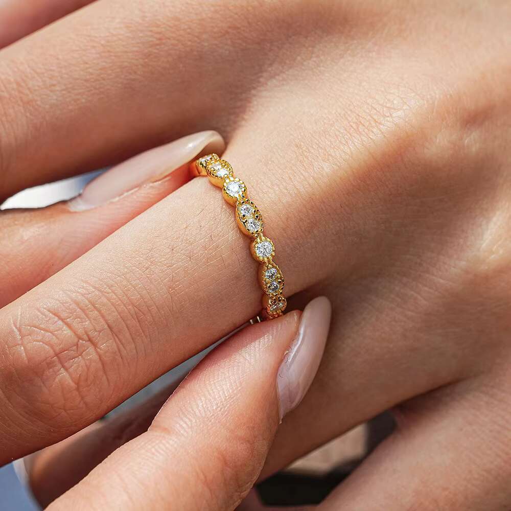 Trendy S925 Sterling Silver Moissanite Diamond Eternity Ring Gold Plated Womens Party Gift Jewelry