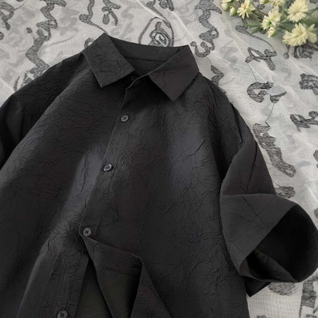 Pleated Ice Silk Short Sleeve Shirt For Men, Summer Thin Designer Short Sleeves Cool Trendy Handsome High-end Casual Fashion Shirt Jacket
