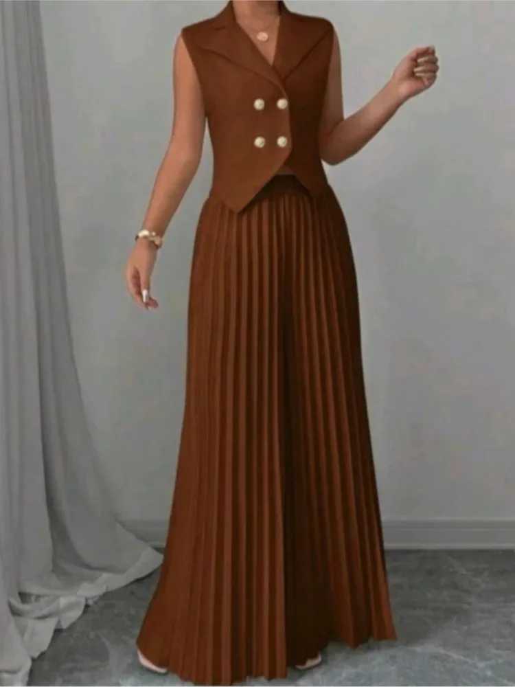 Women Fashion Solid Office Suit Casual Slim Button Two Piece Set Elegant Turn Down Collar Sleeveless Blazer Pleat Pants Outfits M250706