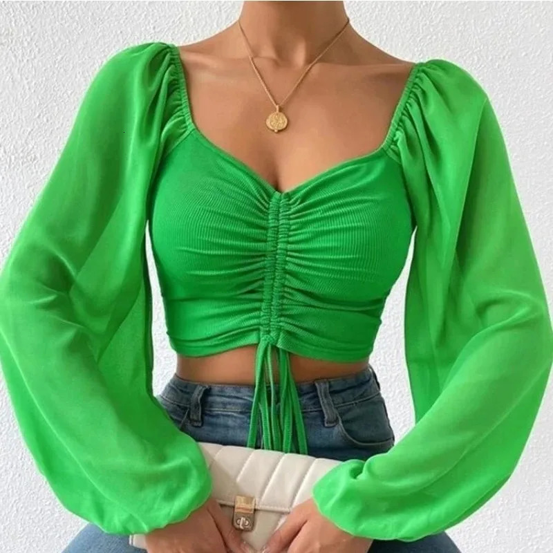 Sexy Women Mesh Lantern Sleeves Drawstring Wrap Chest Bare Midriff T Shirt Women Long Sleeves Bottoming 250703