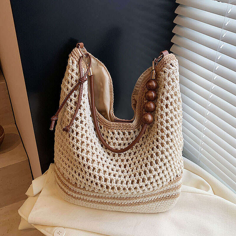 Vacation Style Woven For Women 2025 Summer New Fashion New Hollow Knit Shoulder Large Capacity Commuter Tote Bag