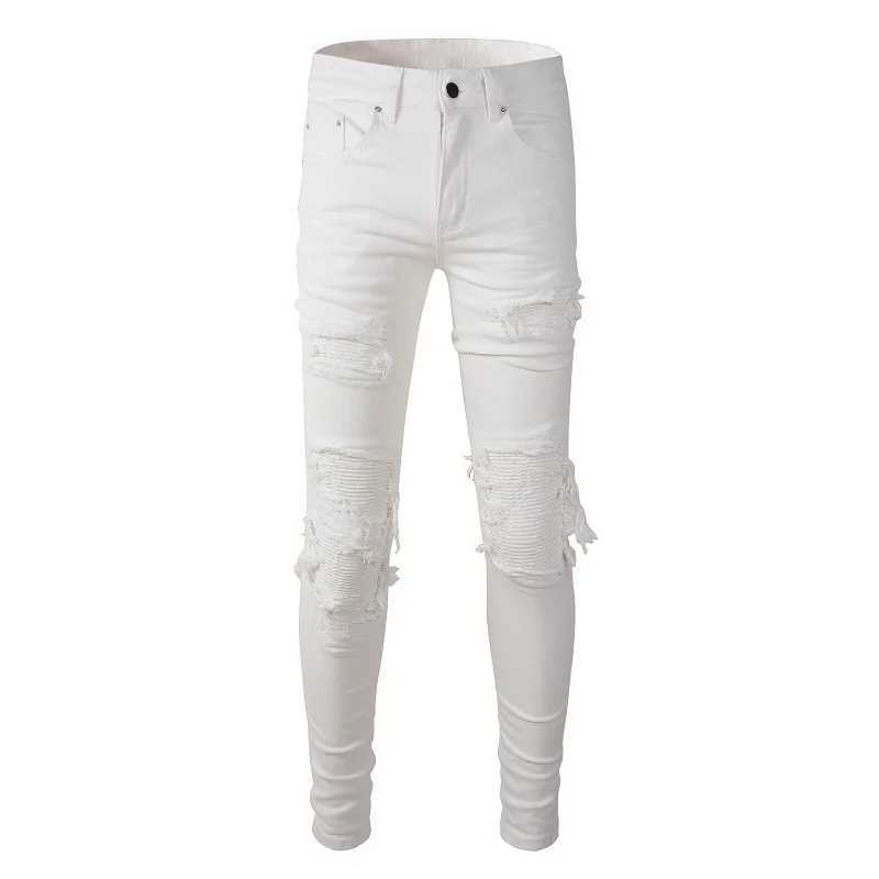 Sokotoo Mens White Stretch Ripped Biker Jeans Slim Skinny Pleated Patchwork Denim Pants XJ250707