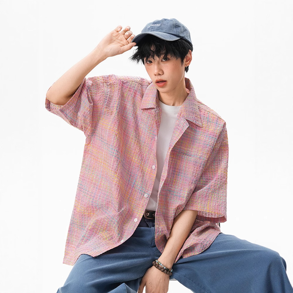 American Style Plaid Bubble Designer Short Sleeves Gauze Short Sleeve T-shirt For Men And Women, Summer Thin Design Sense Half Sleeve Loose Quick-dry 