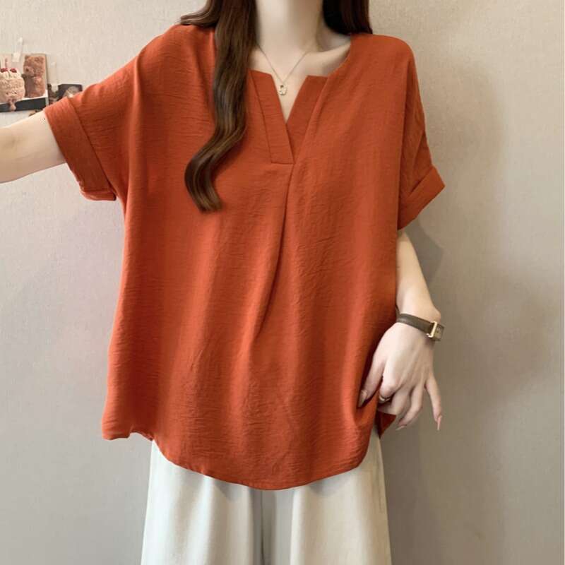 Plus Size Regular Shoulder Orange Red V-Neck Short Sleeve T-Shirt For Women Summer Style Solid Color Casual Simple Slimming Belly-Covering Top B5