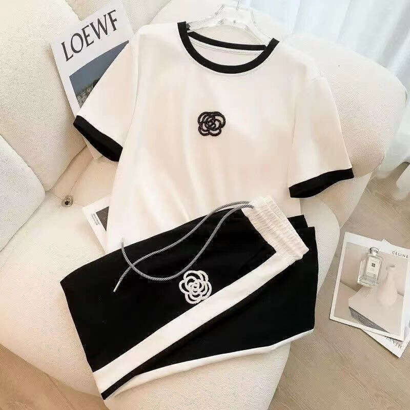 High-End Casual Sports Suit For Women, Summer Thin Street Fashionable Trendy Youthful Wide-Leg Pants Fashion Two-Piece Set B5