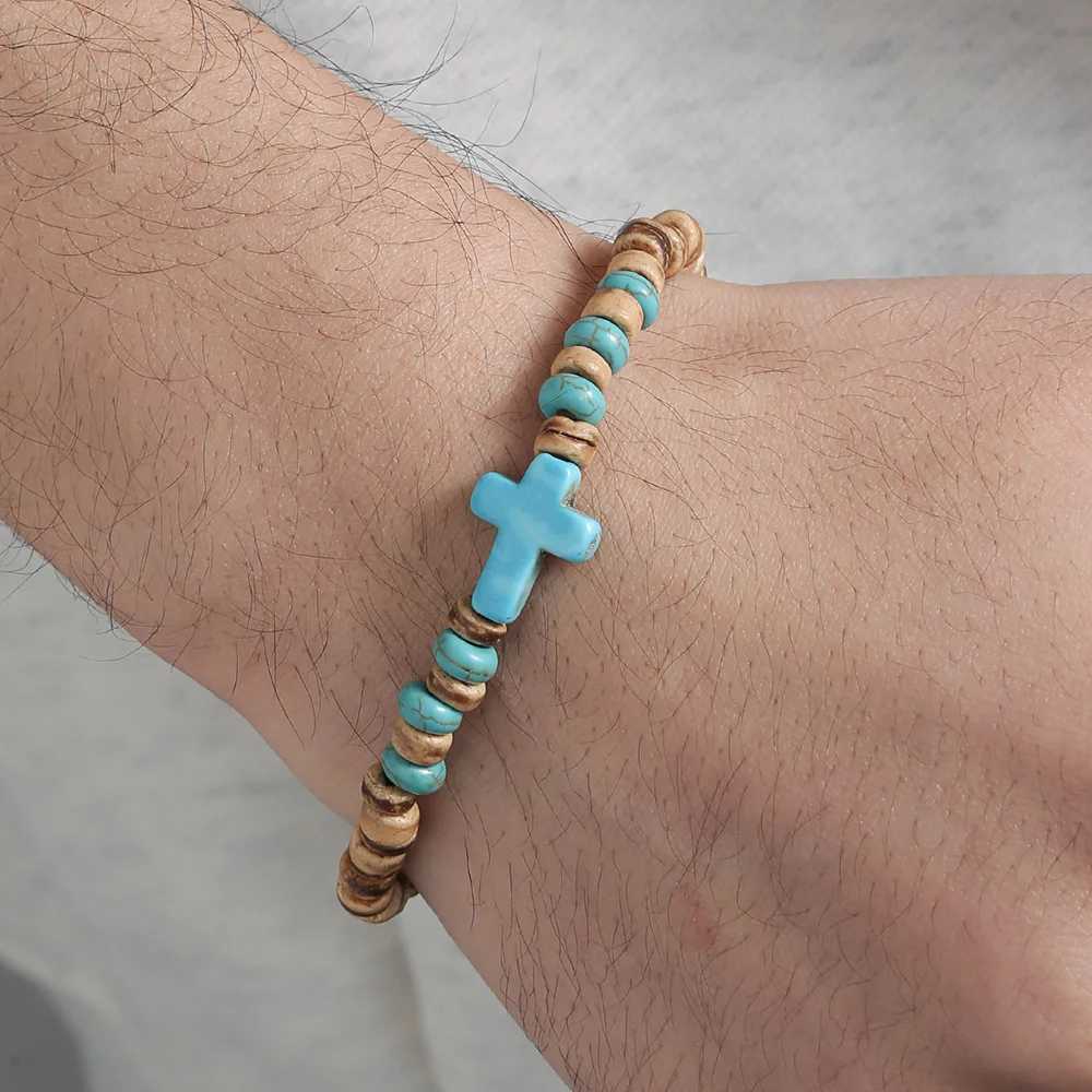 Bohemian Coconut Shell Wood Chips Cross Bracelet For Men Retro Handmade Beaded Jewelry Fashion Accessories Gifts XJ250707