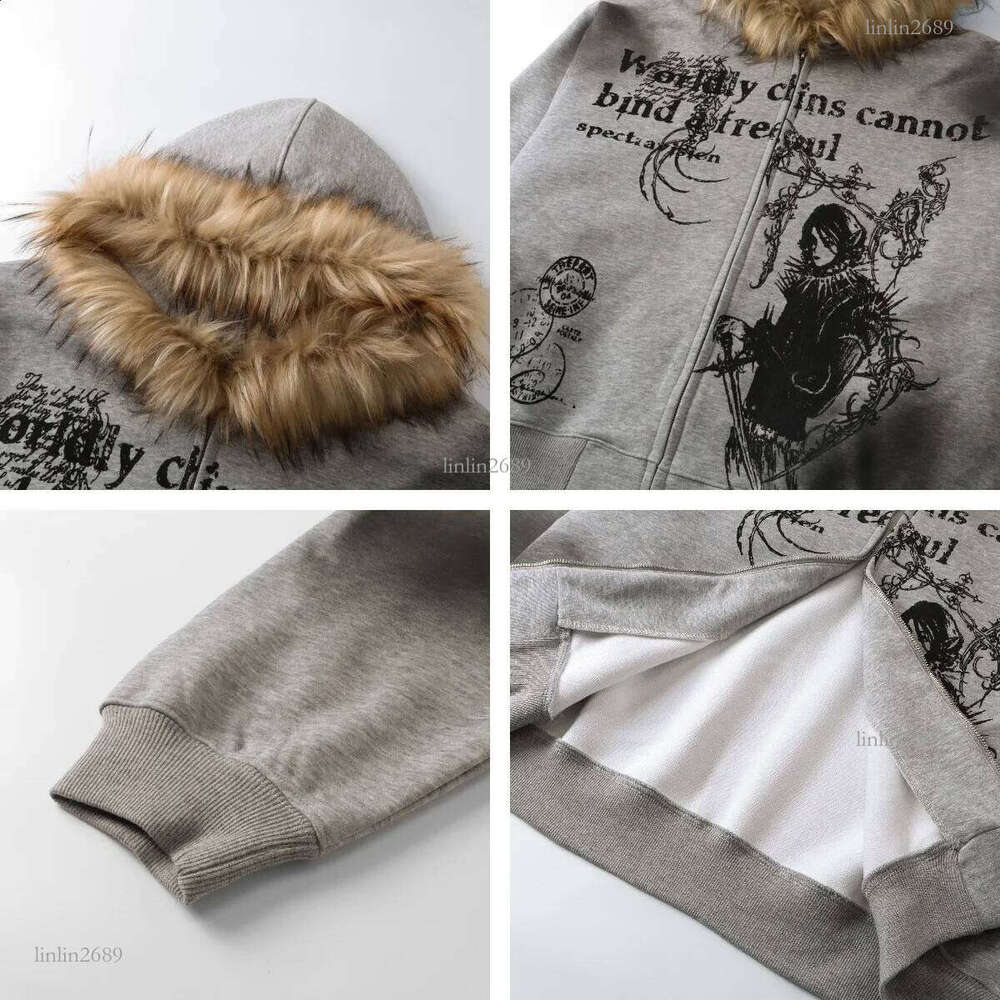 2025 Street fashion Winter personality print zipper hoodie for men Y2k Harajuku vintage fur collar warm loose jacket 250102