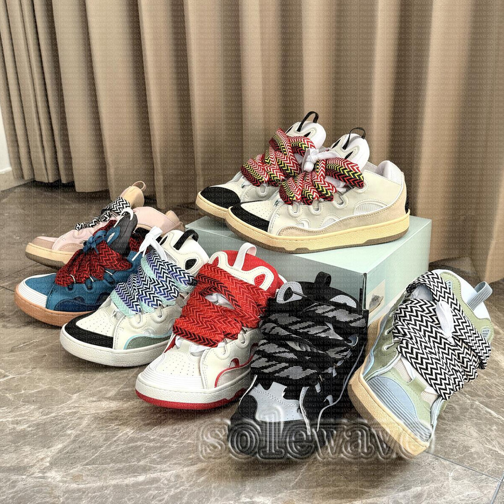 Designer Nappa Leather Calfskin Platform Shoes Men Women Dress Shoes Embossed Curb Sneakers Denim Blue Pink Green Rubber Sole Casual Trainers Top Quality