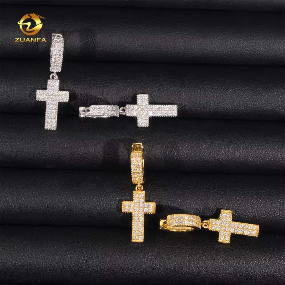 New Fashion Hip Hop Jewelry 925 Silver Iced Out Hoop Cross Drop Moissanite Diamond Earrings for Men