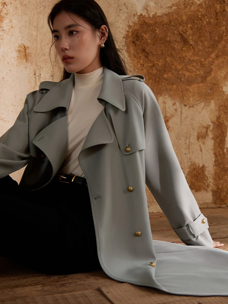 DUSHU Classic British Style Mid Length Trench Coat Autumn Retro Style Jacket For Women Grey Casual Loose Women Trench 250703