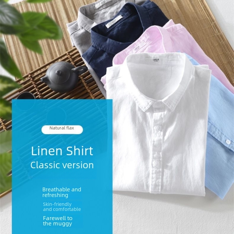 100% Linen Short Sleeve Shirt Men Cotton Linen Clothing Top Casual Summer Half Sleeve Shirt Loose Style Square Collar 250704