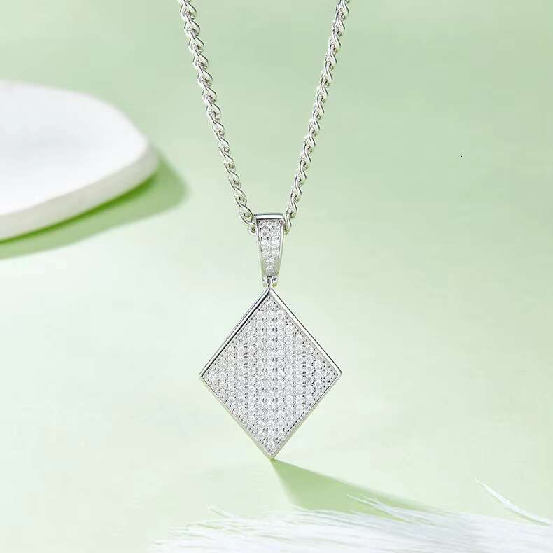 Small Niche Full Diamond S925 Silver Inlaid Moissanite Necklace Diamond Explosive Hip-Hop Block Pendant