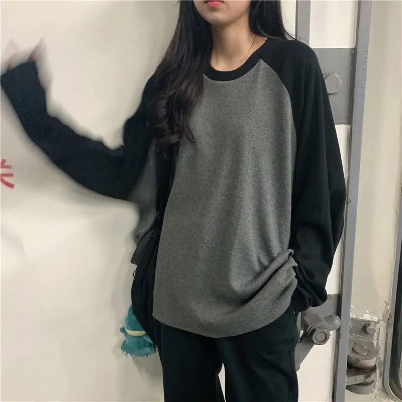 Female T-shirt Grey O Neck Contrast Color Long Sleeve T Shirt Loose Autumn Tee Tops for Women Shirts Patchwork 250703