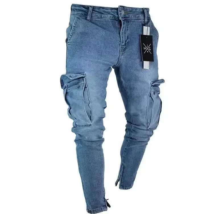 Stretch Mens Jeans Fashion Knee Ripped Zipper Skinny Trousers Denim Pants High Waist Side Pockets XJ250707