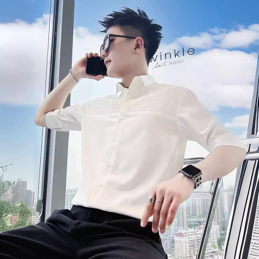 High-end Ice Silk Shirt Men Short Sleeve Trendy Brand Cool Seven-quarter Sleeve Designer Short Sleeves Shirt Men's 2025 New Summer Half Sleeve