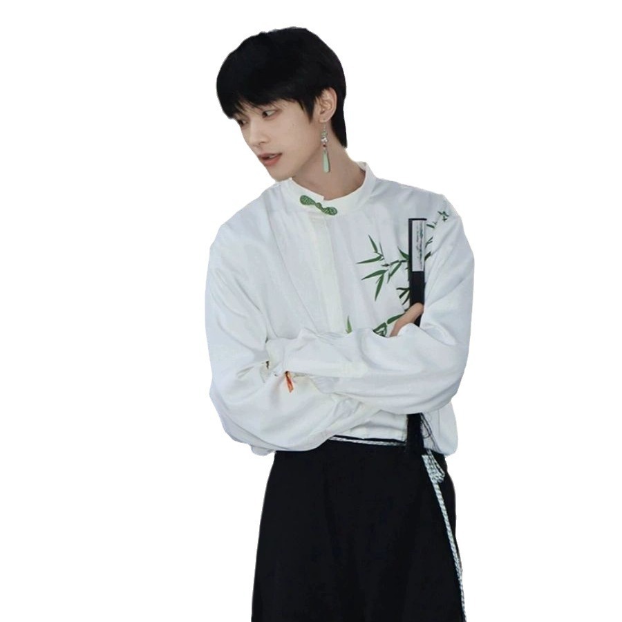 New Chinese Style Men's Clothing Light Designer Short Sleeves National Style Long Sleeve Shirt Modified Tang Suit Double Breasted Shirt High-end 