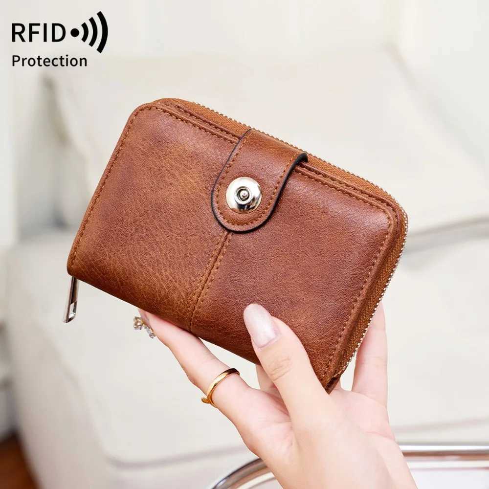 RFID Vintage Short Wens Wallet Multi-card Slot Two-fold Zipper Card Holder Coin Purse Solid Color Premium Texture Zip Clasp Y250707