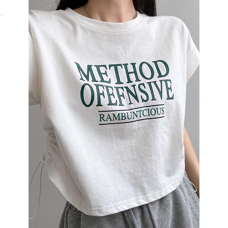 European Style Printed Letter Round Neck Short Sleeve T-Shirt For Women Summer Versatile Drawstring Jazz Hot Girl Top Trendy B5