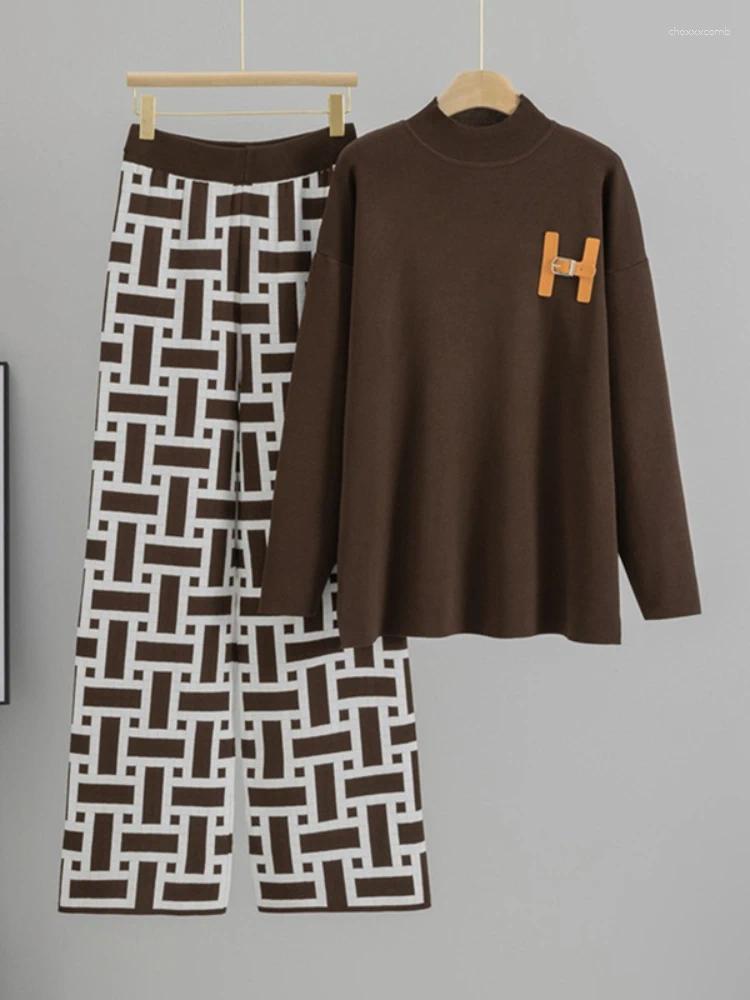 Women's Two Piece Pants 2025 Simple Letter Knitted Loose T-shirt Sports And Leisure Wide Leg Fashion Set For Women