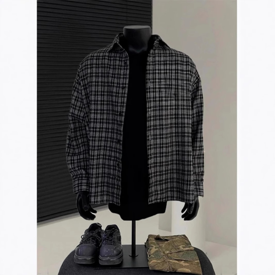 American Retro Vintage Plaid Shirt For Men Spring Cool Japanese Style Long Sleeve Shirt Designer Short Sleeves Inner Layer Jacket