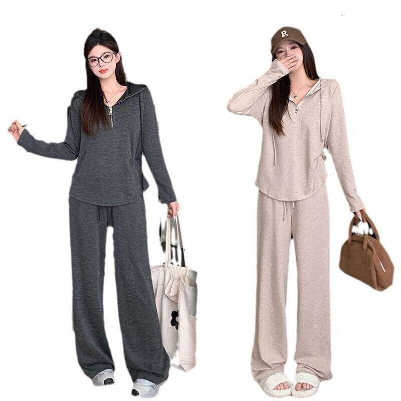 Lazy Hooded Sweatshirt For Women Autumn Winter Plus Size Casual Slimming Korean Style Wide Leg Pants Two-Piece Set B5