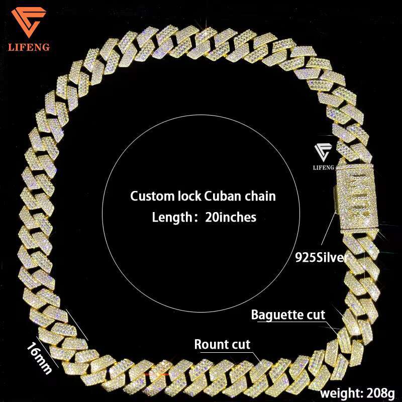 16mm Gold Plated 925 Sterling Silver Round Baguette Cut VVS Moissanite Diamond Cuban Link Chain Custom Hip Hop Fine Necklace