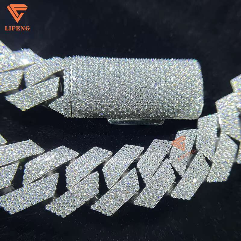 White Gold VVS Moissanite Cuban Link Necklace 15mm 4row Diamond Chain 925 Sterling Silver Fine Hip Hop Jewelry for Men