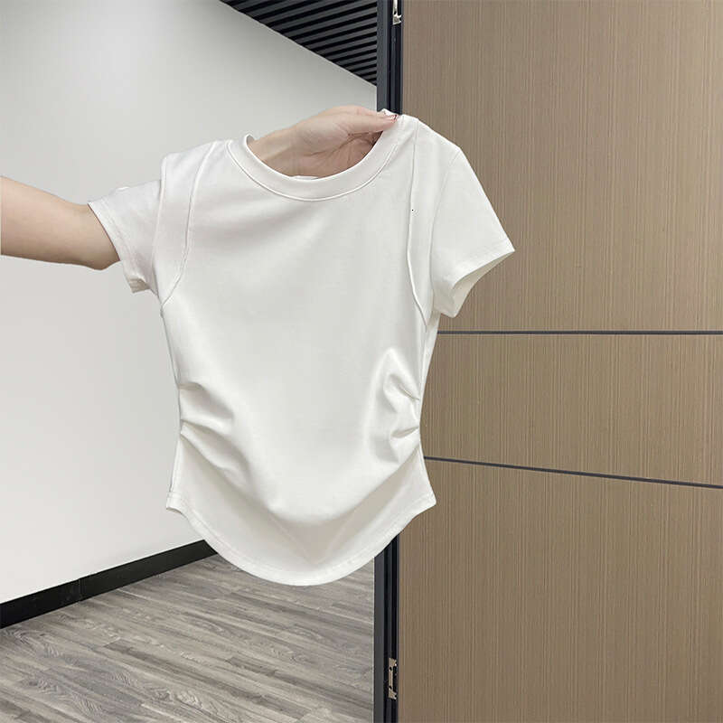 Lake Green Regular Shoulder Short Sleeve T-Shirt For Women Summer Style Ruched Slim Fit Versatile Irregular Top B5