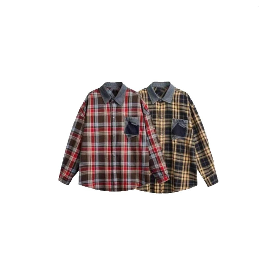 American Retro Long Sleeve Plaid Shirt For Men Spring Designer Short Sleeves And Autumn Trendy Brand Couple Patchwork Denim Collar Yellow Checkered Ja