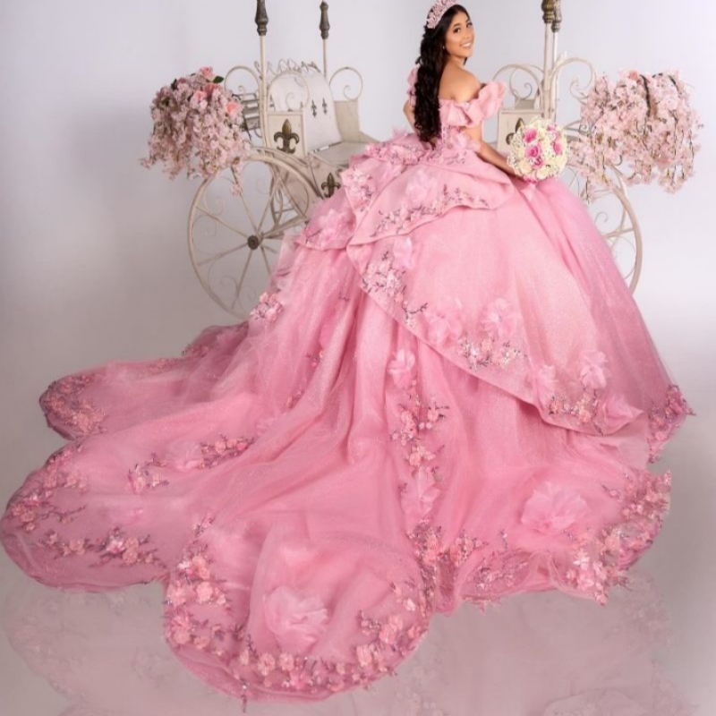 Pink Quinceanera Dresses Ball Gown Off Shoulder Appliques Flower Beads Tull Corset Sweet 16 Dress Birthday Party Vestidos 15 De Anos