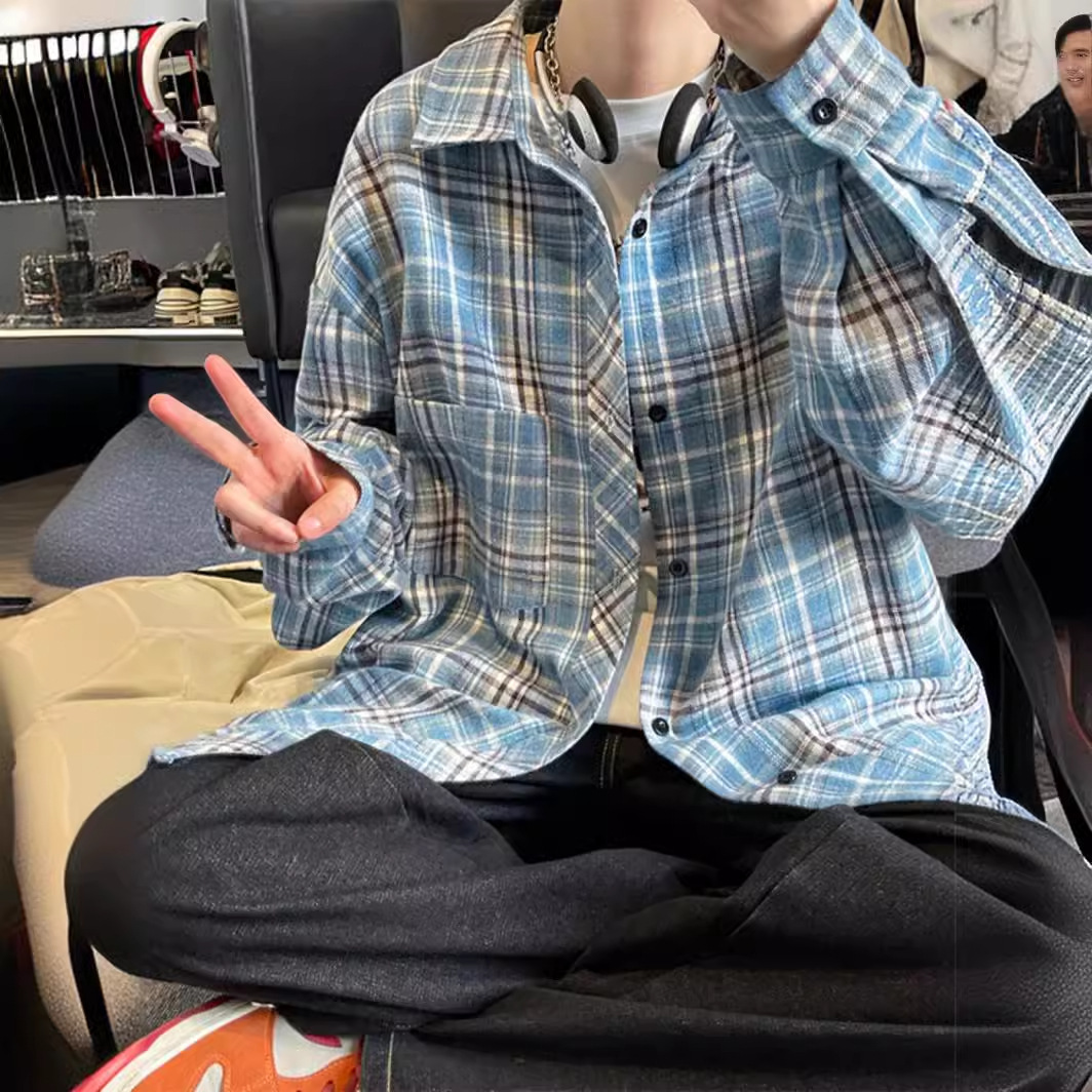 Long Sleeve Shirt Men's 2025 Spring New Korean Style Trendy Japanese Designer Short Sleeves Retro Plaid Plus Size Turn-down Collar Shirt Jacket