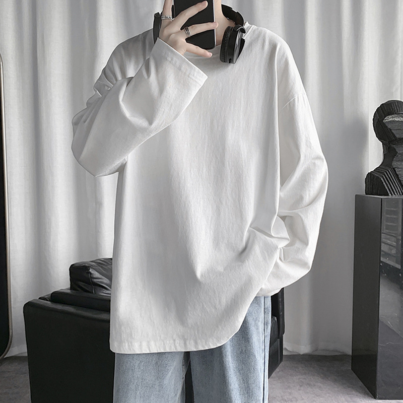 White Long Sleeve T-shirt For Men, Trendy Brand, Ins Style, Hong Kong Style, Solid Color, Versatile Designer Short Sleeves Top, Spring And Autumn Basi