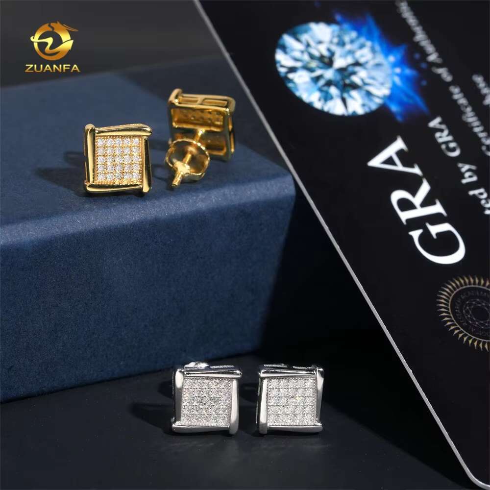 925 Silver Jewelry Square Stud Iced Out Hip Hop Diamond Moissanite Earrings for Men