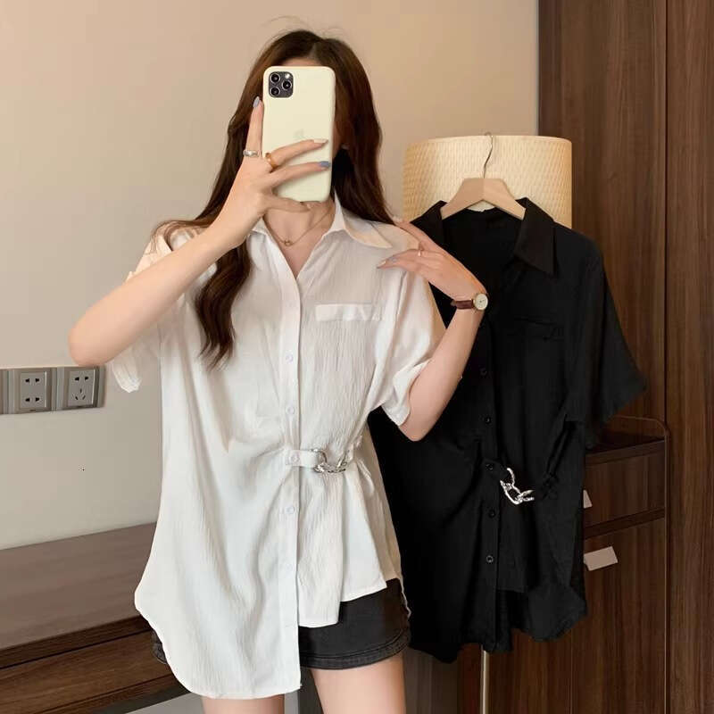 Plus Size Tummy Covering Unique Irregular Pleated Short Sleeve Shirt For Women Summer Slimming Design Chain Blouse Top B5