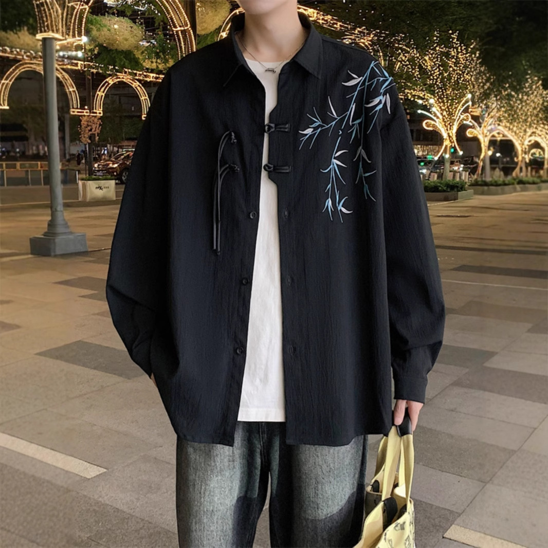 Chinese Style Green Bamboo Embroidery Long Sleeve Shirt For Men Engagement And Marriage Certificate Outfit New Chinese Designer Short Sleeves Style Sp