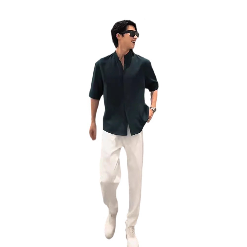 Lushangshuai High-end Designer Short Sleeves Black Ice Silk Stand Collar Three-quarter Sleeve Shirt Men's Cool Draped National Style Short Sleeve