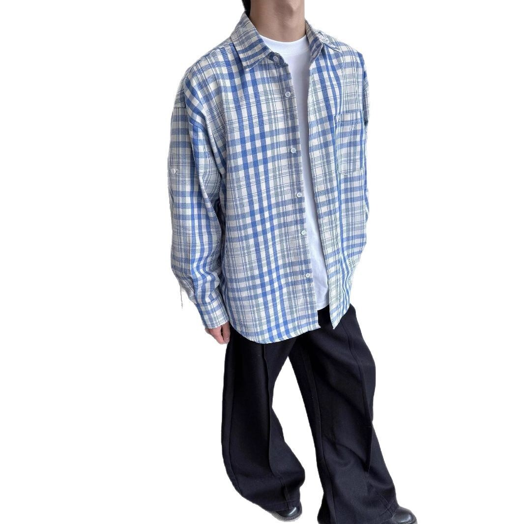 Factory Direct Supply Spring Retro Lazy Versatile Blue Designer Short Sleeves Plaid Long Sleeve Shirt Men's Casual Loose Color-block Shirt Trendy