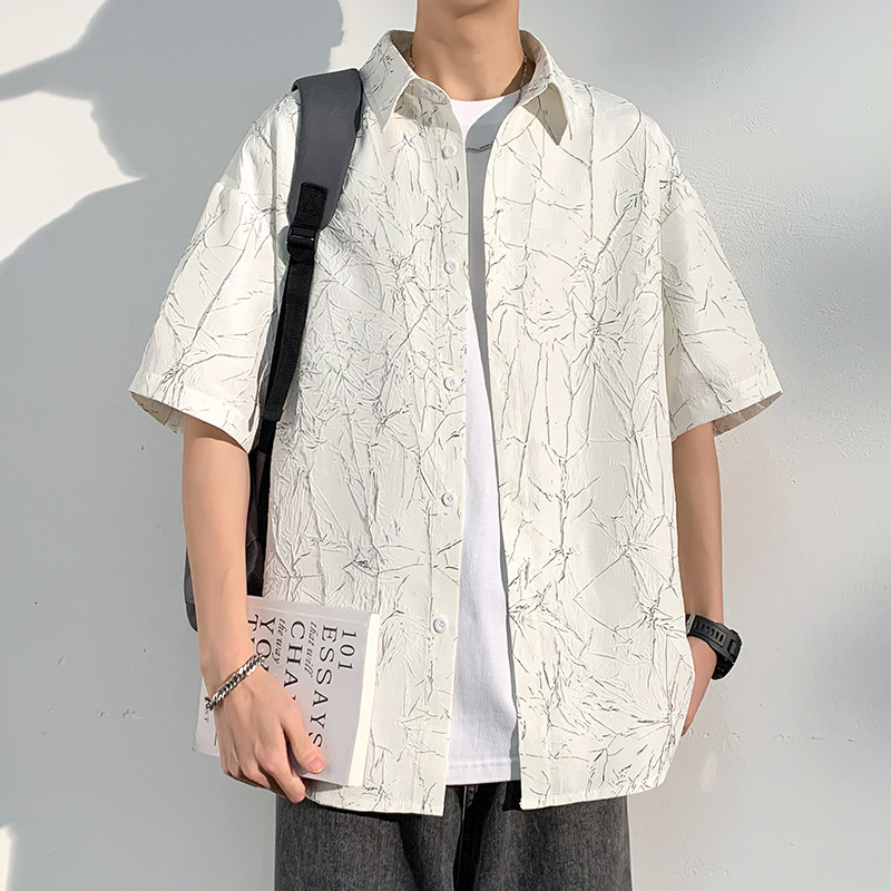 Japanese Style Cityboy Short Sleeve Shirt Men's Summer Trendy Designer Short Sleeves Textured Crack Design Five-quarter Sleeve Shirt Jacket