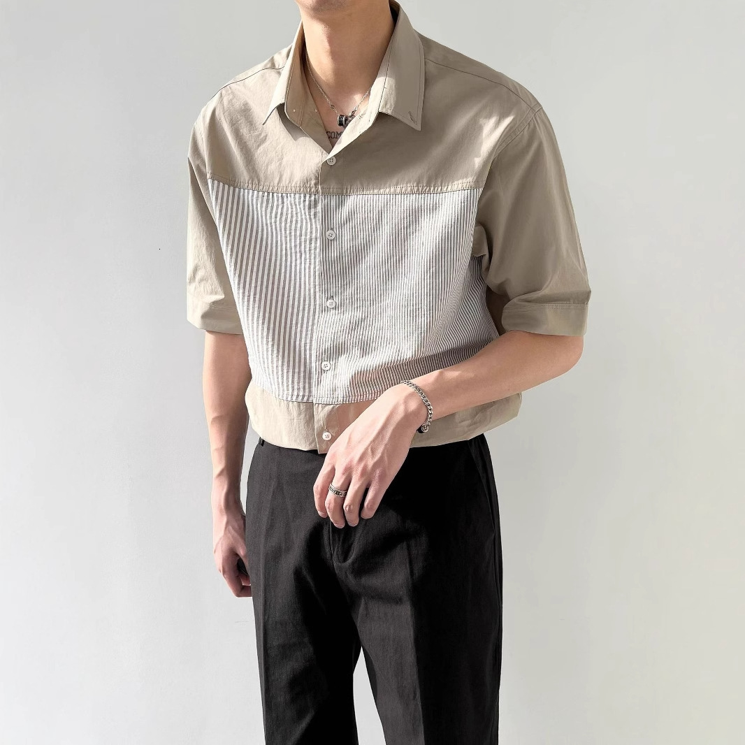 Summer Designer Short Sleeves Thin Top Korean Style Loose Short Sleeve Shirt Men's Trendy Patchwork Striped Five-quarter Sleeve Shirt Men