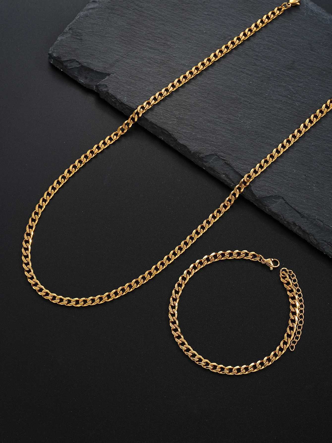 2024 Punk Stainless Steel Gold Color Rope Necklace Bracelet Set Fashion Minimalist Jewelry Set for Men Women Unisex Simple Gift XJ250707