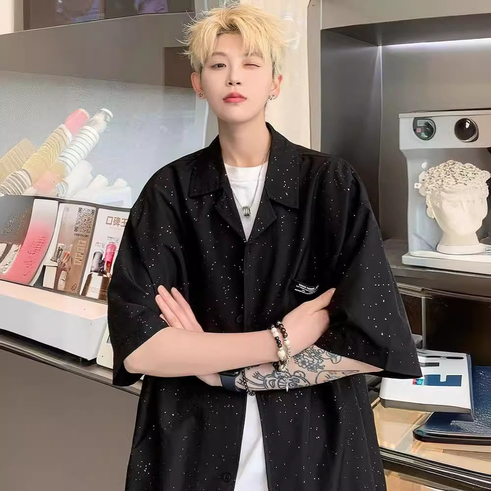 Ice Silk Starry Sky Short Sleeve Shirt For Men Summer Trendy Brand Black Shirt Cool And High-end Sensation Designer Short Sleeves Abstinence Style