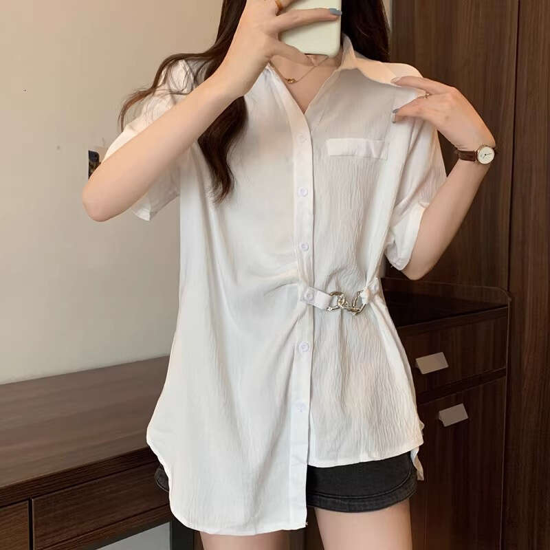 Plus Size Tummy Covering Unique Irregular Pleated Short Sleeve Shirt For Women Summer Slimming Design Chain Blouse Top B5